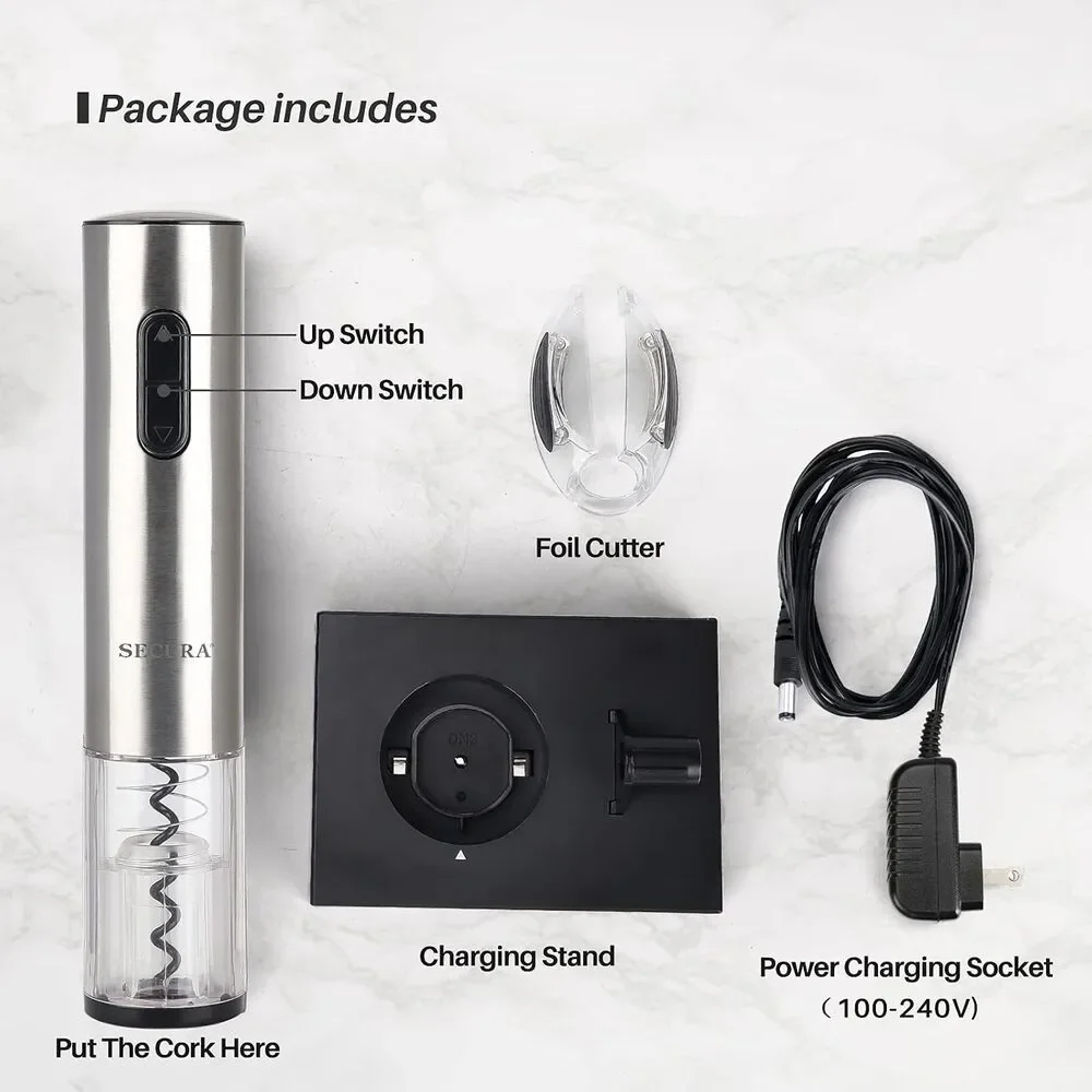 Secura Electric Wine Opener NWT Silver Stainless Steel